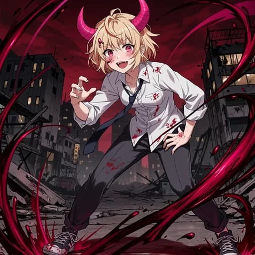 Power anime PFP with pink horns and fangs blood devil aesthetic