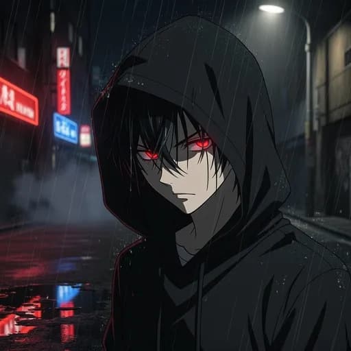Dark aesthetic anime boy PFP with black hoodie and red eyes in rain