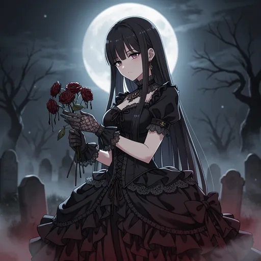 Gothic anime girl PFP with Victorian dress and wilted roses dark romantic