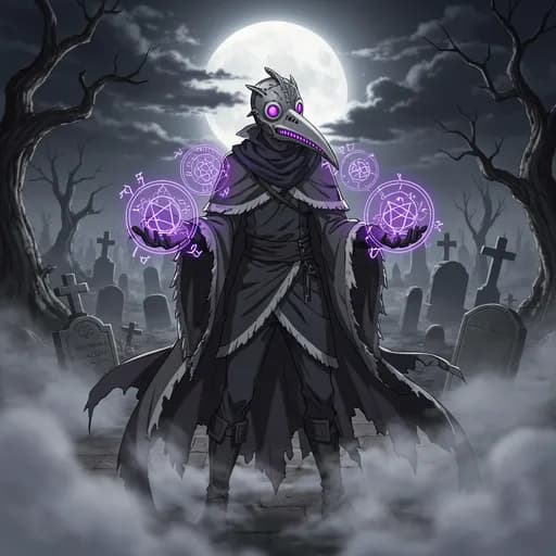 Plague doctor anime PFP dark aesthetic with purple alchemical symbols