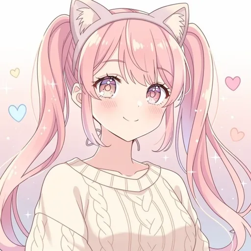 Kawaii anime girl PFP with pastel pink twin tails and cat ears