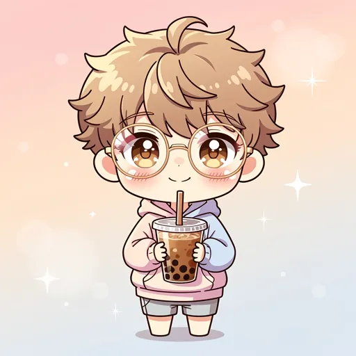Cute anime boy PFP with fluffy hair glasses and boba tea kawaii