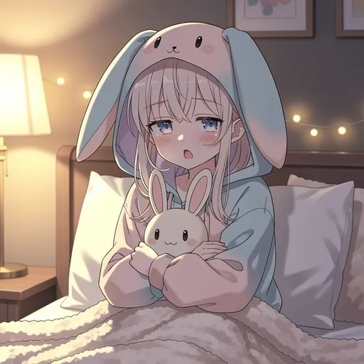 Cute anime PFP with bunny hoodie and plushie cozy aesthetic