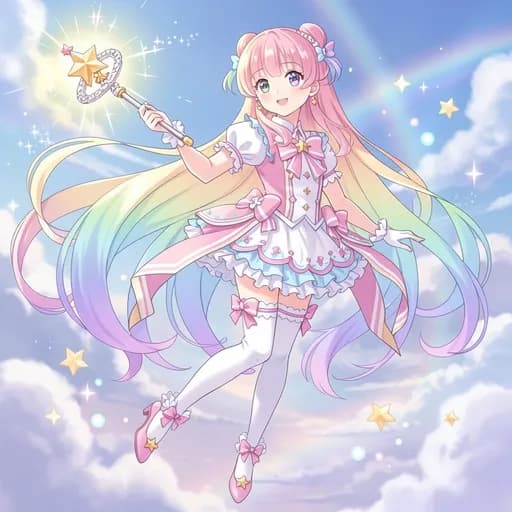 Magical girl anime PFP with rainbow hair and star wand kawaii