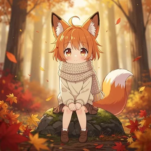 Cute anime fox girl PFP with orange ears autumn leaves kawaii