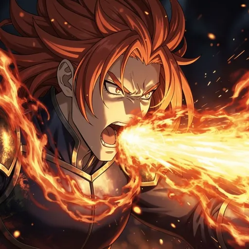 Fierce anime warrior PFP with fire breathing flames Rengoku style