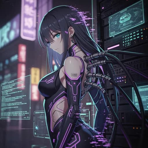 Netrunner anime girl PFP with spine cables digital glitch cyberpunk