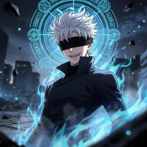 Gojo Satoru PFP with white hair blindfold and blue cursed energy JJK