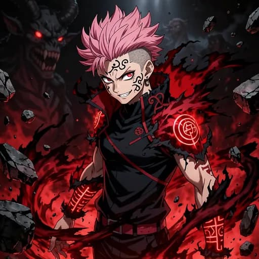 Sukuna inspired anime PFP with tribal markings and red cursed energy