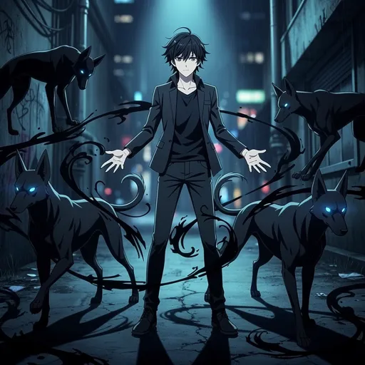 Megumi Fushiguro style PFP with shadow manipulation dark aesthetic